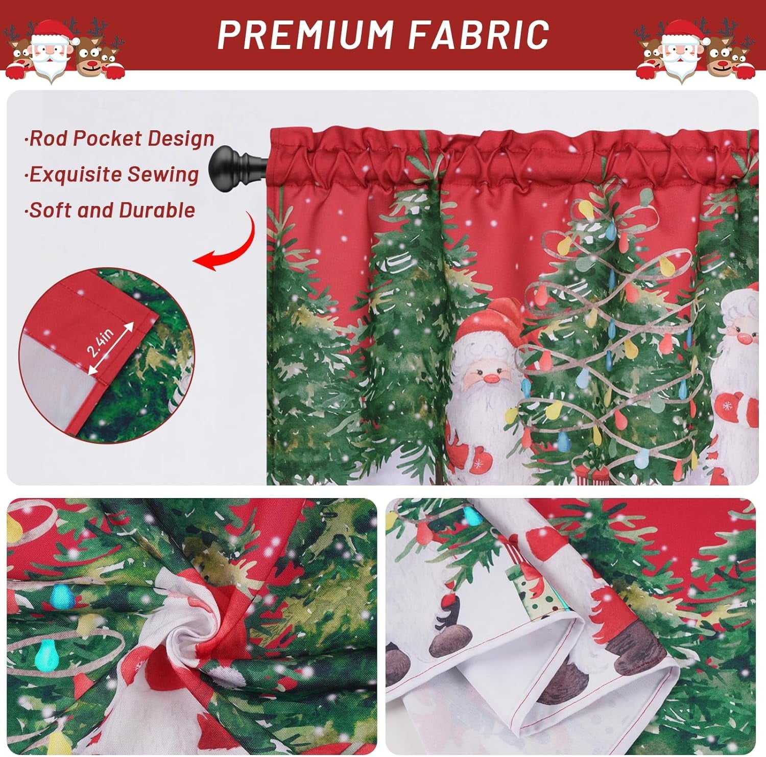 Alishomtll Christmas Valance Curtains Santa Claus Kitchen Curtains Holly Tree Window Valances Rod Pocket ,52