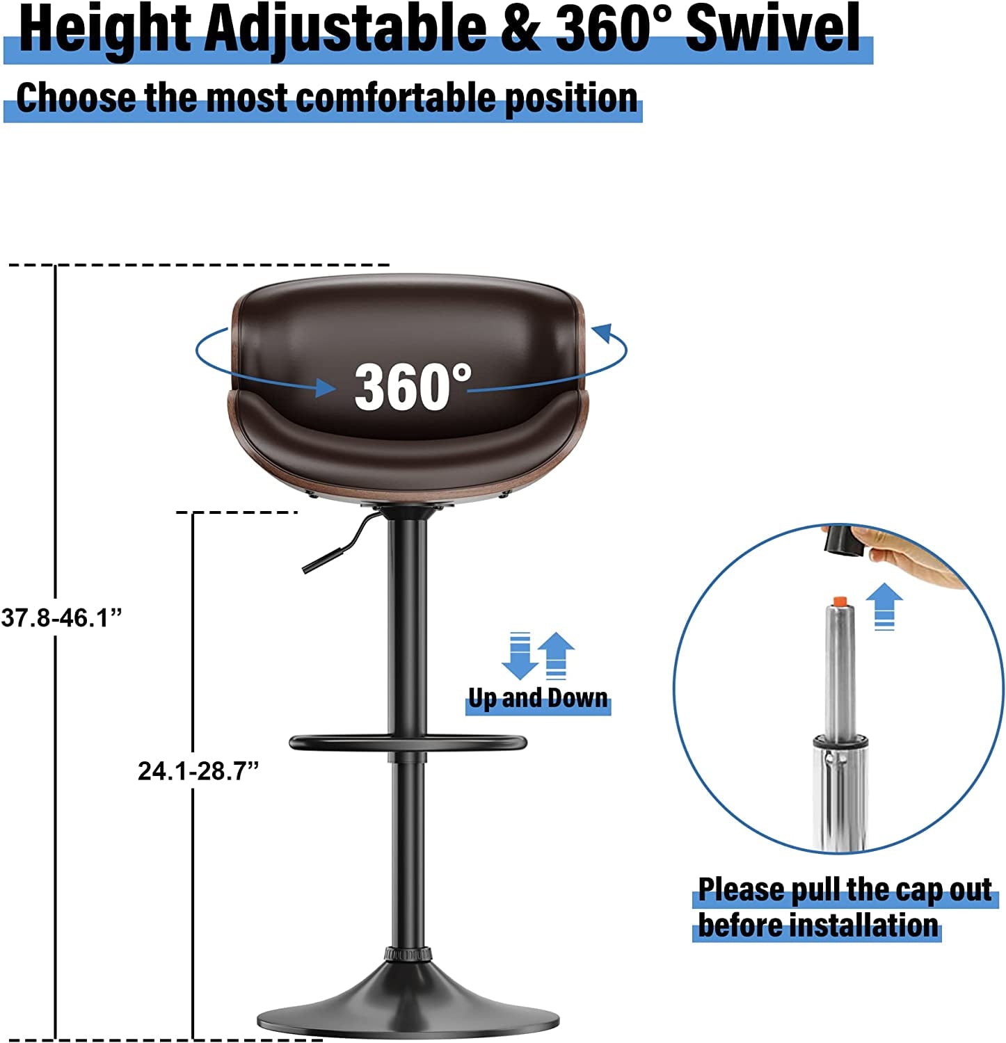 Aowos Bar Stools Adjustable Swivel Barstools Counter Stools with Back Sets of 2, Mid-Century Modern PU Leather Upholstered Counter Height Barstools, Kitchen Island Bar Chairs, Brown
