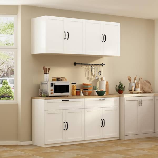 White Wooden 63 in. Width Food Pantry, Sideboard, Pantry Cabinet, with Wall Mounted Kitchen Cabinet(Two Parts)