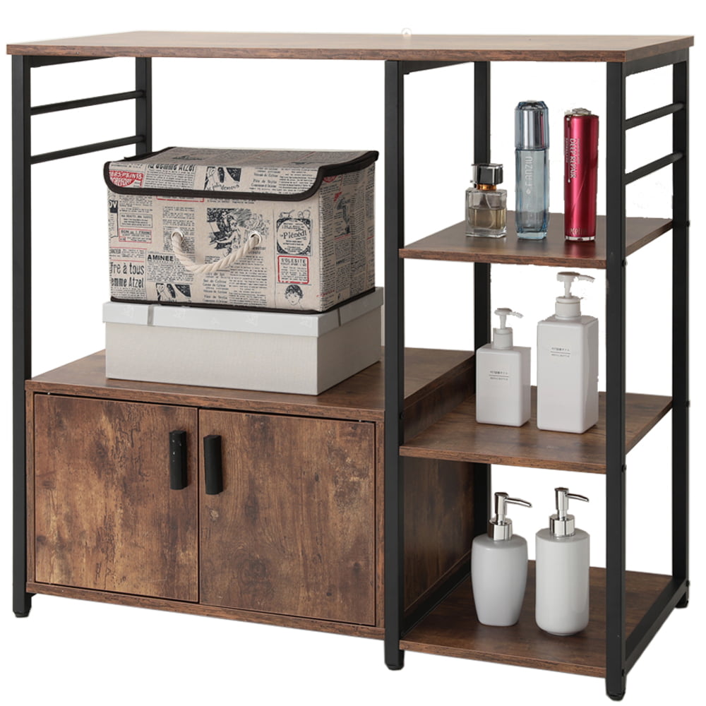 Kitchen Baker's Rack with Storage and 8 Hooks, 4 Tier Microwave Stand with Cabinet, Coffee Bar Station for Small Space, Rustic Brown