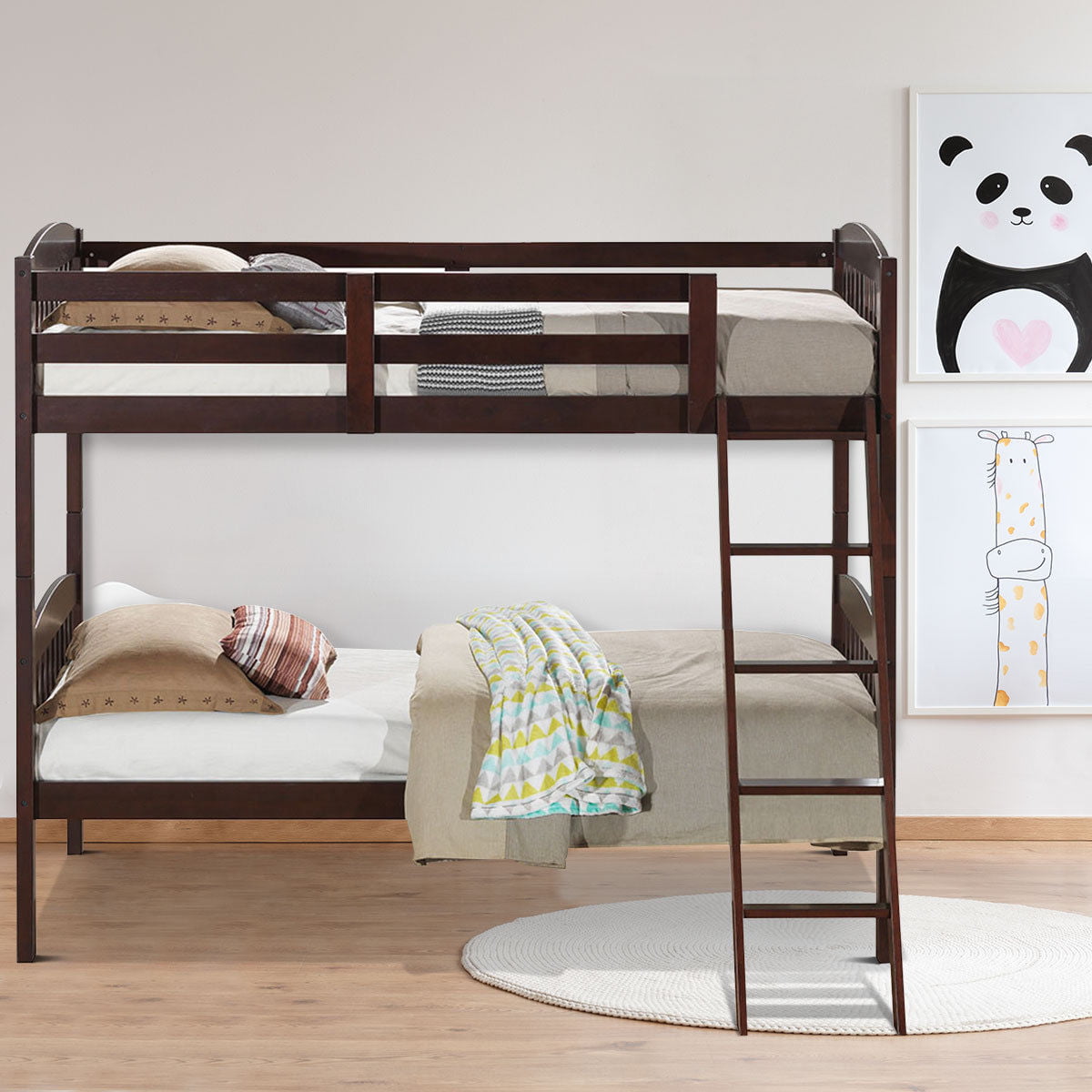Costway Wood Solid Hardwood Twin Bunk Beds Detachable Safety Rail
