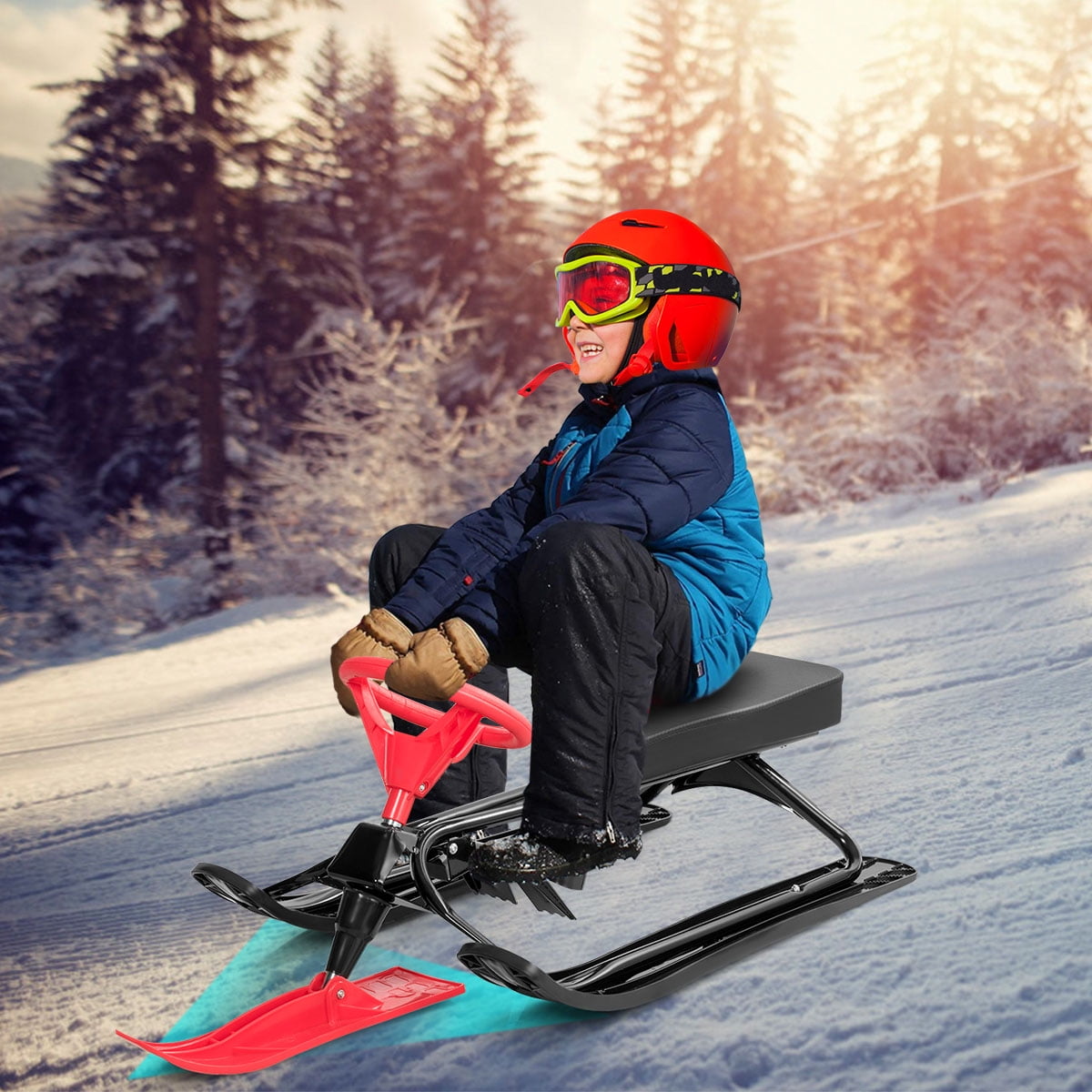 Costway Metal Snow Racer Sled w/Steering Wheel and Brakes Kids Snow Sand Grass Sliding Black & Red
