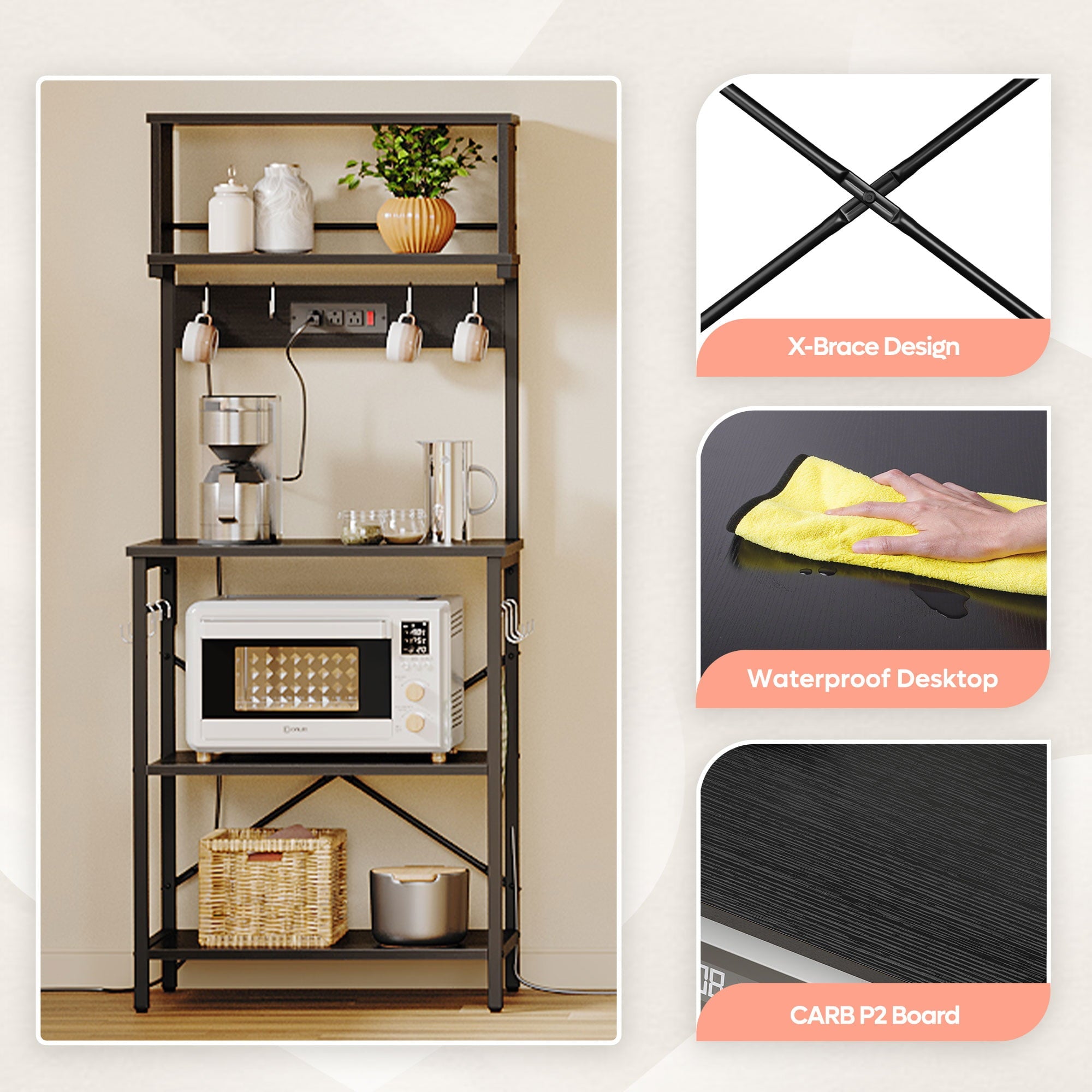 Bestier 60.3 inch 5-Tier Kitchen Bakers Rack with Power Outlets Microwave Cart in Black