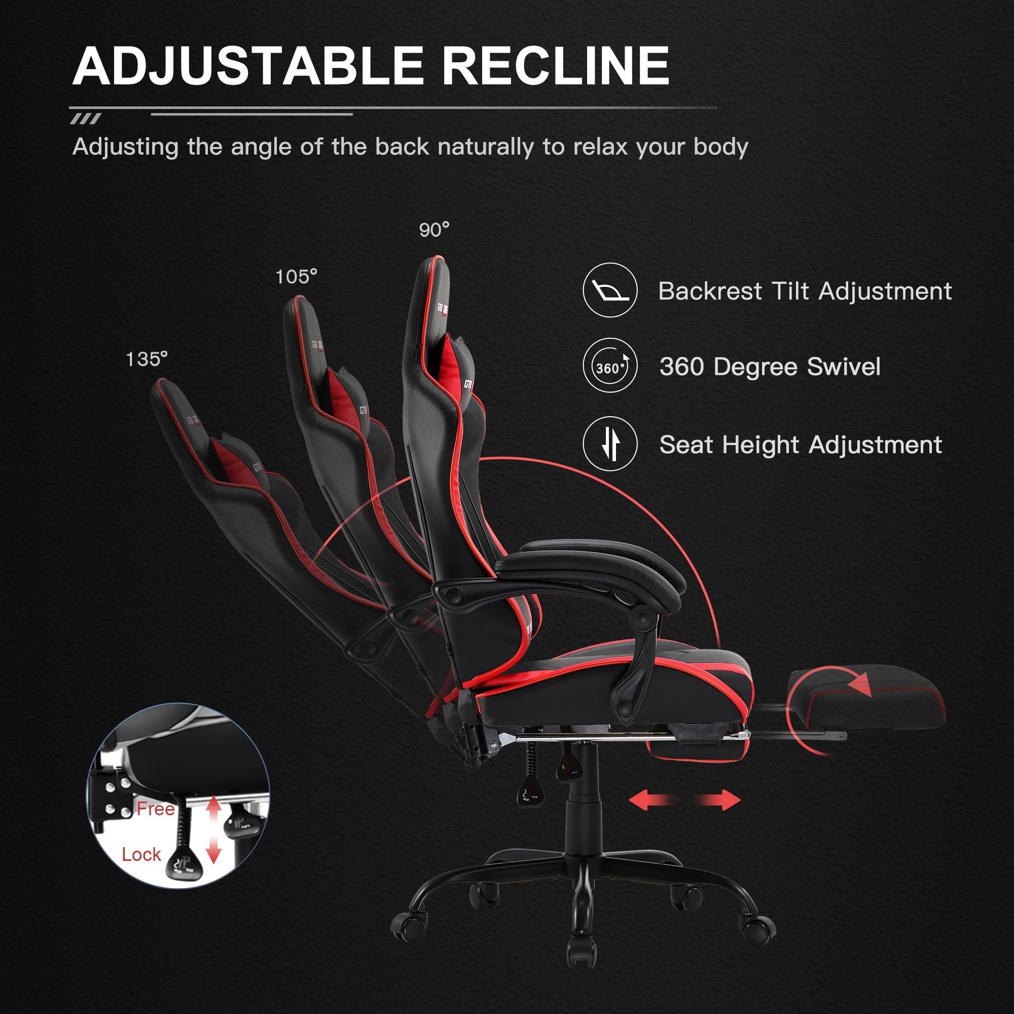 GTRACING GTWD-200 Gaming Chair with Footrest, Height Adjustable Office Swivel Recliner, Red