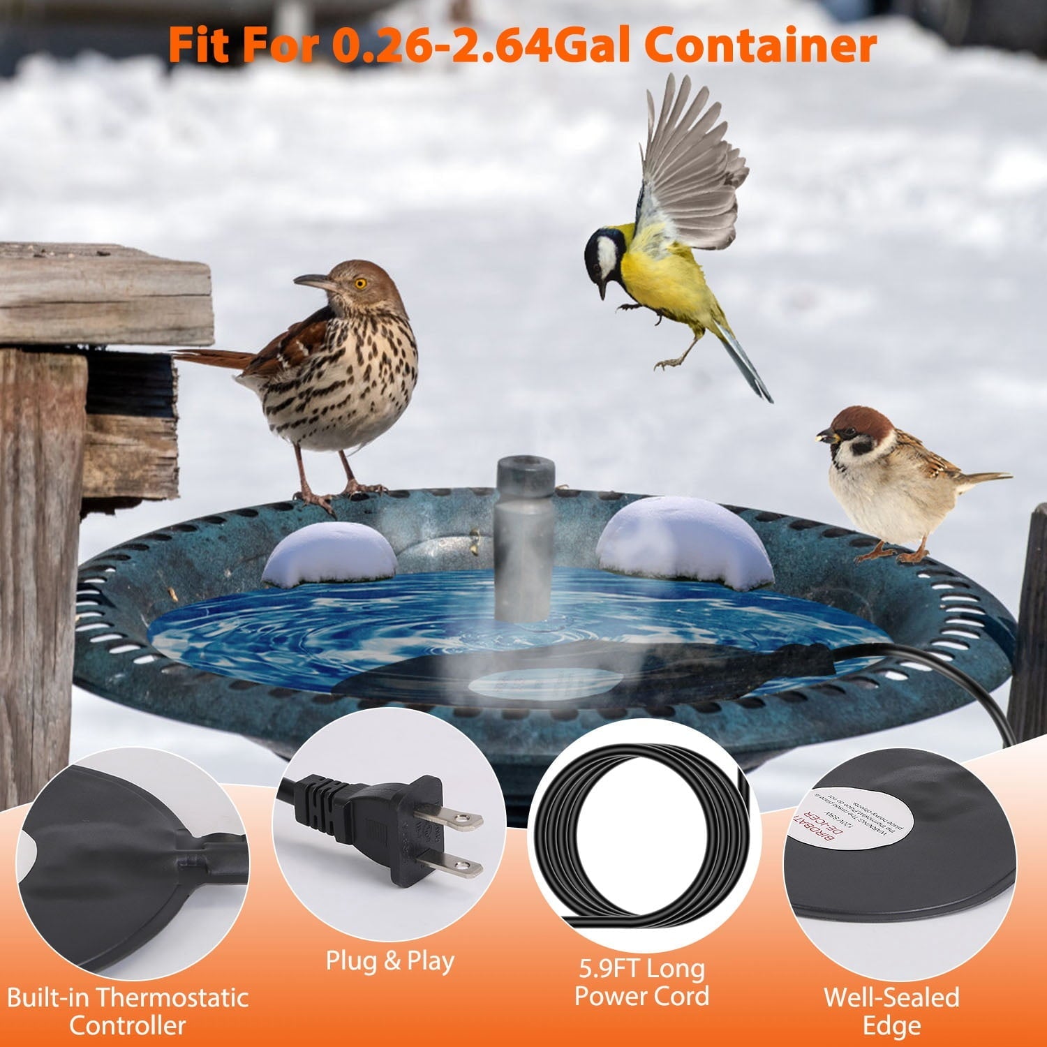 iMounTEK Bird Bath Heater 6.49in Bird Bath Deicer IPX8 Waterproof Thermostatically Controlled Ice Melting Heater for Patio Yard