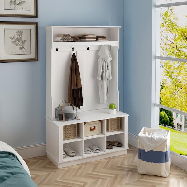 White Painted Hall Tree with Bench and Storage Cubbies