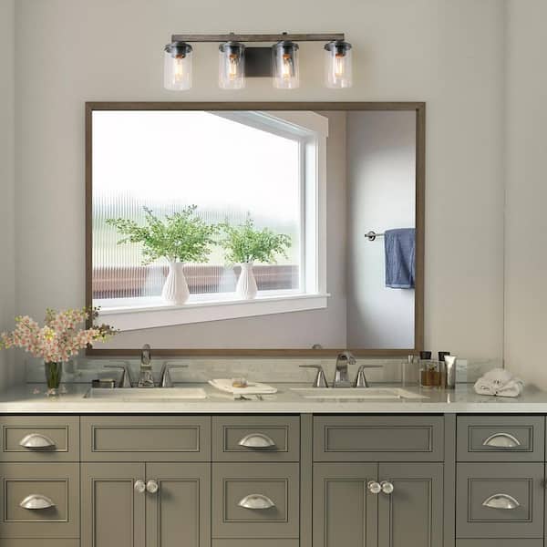 Birdwood 28 in. 4-Light Rust Gray Industrial Bathroom Vanity Light with Brushed Bronze Accents and Clear Glass Shades