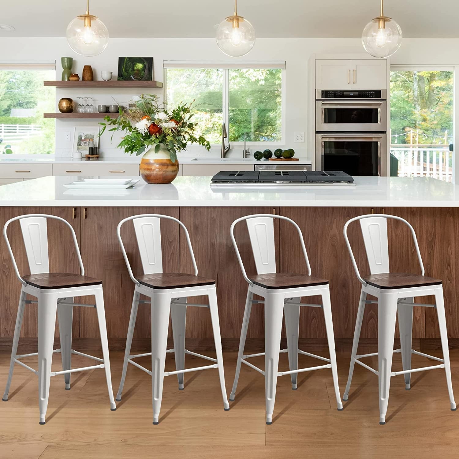 Andeworld Swivel Metal Bar Stools with Backs Counter Stools Set of 4 Counter Height Stools High Back Bar Chairs 24 Inch Bar Stools Farmhouse White