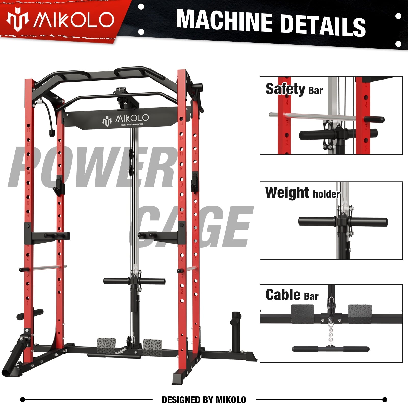 Mikolo Power Rack Cage with LAT Pulldown System,1200LBS Capacity Power Rack with 800 lbs Capacity Weight Bench Combo, Multi-Functional Squat Rack (Upgraded)