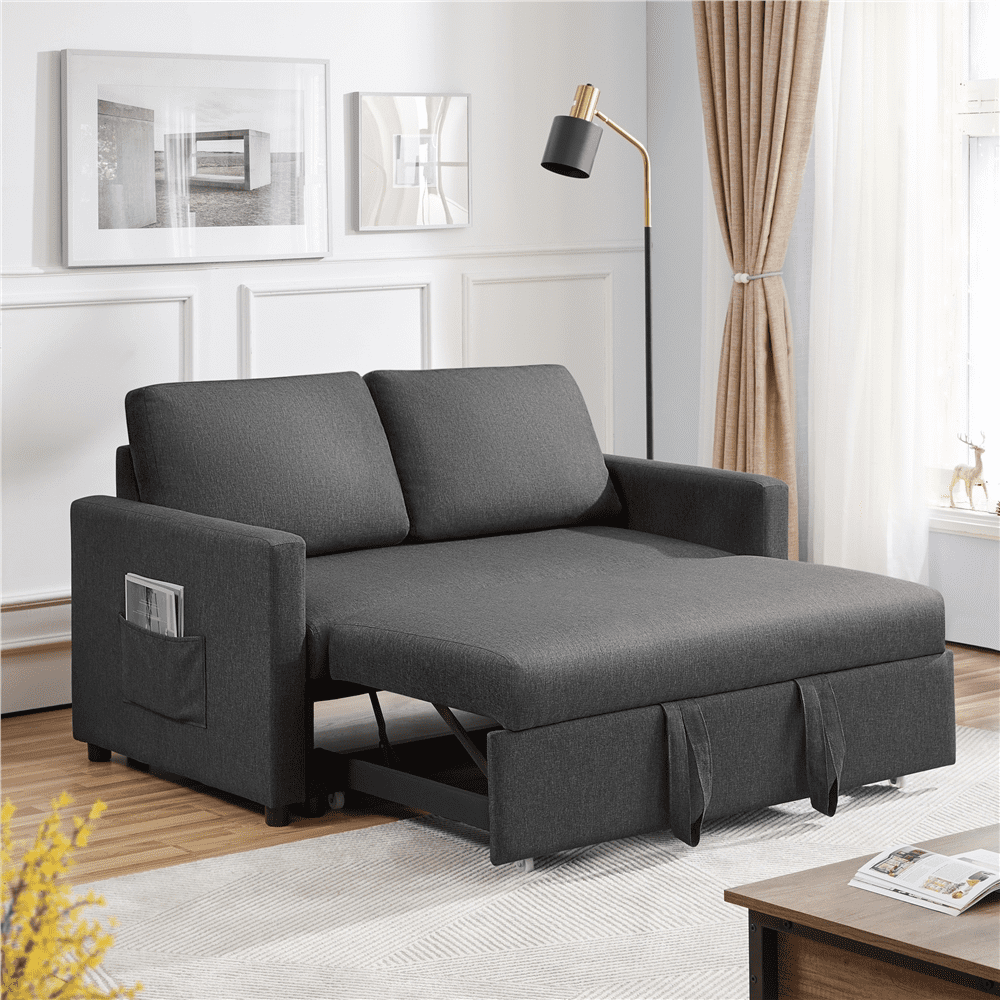 Alden Design Linen Loveseat Sofa with Pull-Out Trundle Bed, Dark Gray