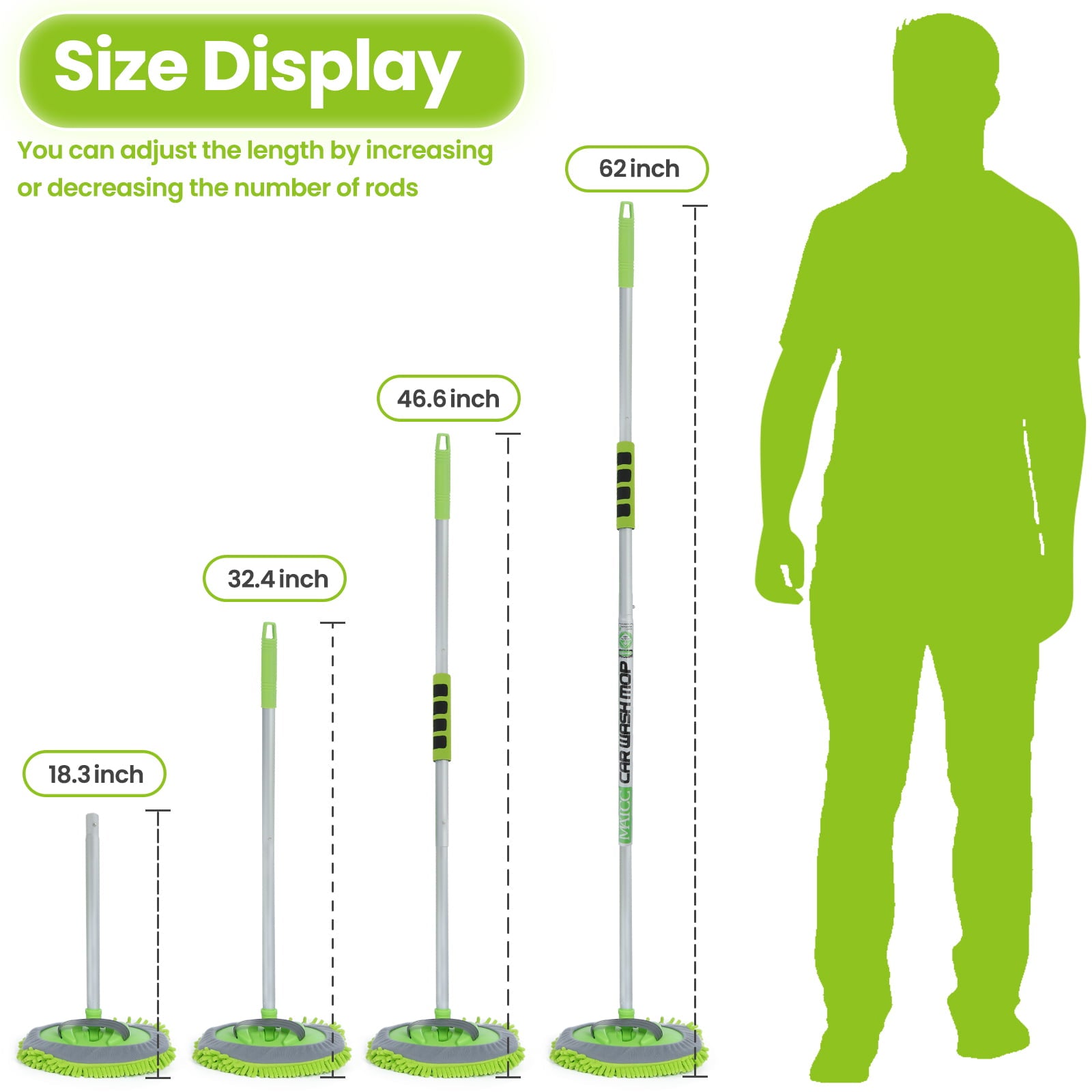 MATCC 62'' Car Wash Brush with Long Handle Car Wash Mop Mitt Sponge Chenille Microfiber Car Cleaning Tools Supplies Scratch Free Car Brush Kit Duster with Extension Pole for Washing RV Truck and Bus