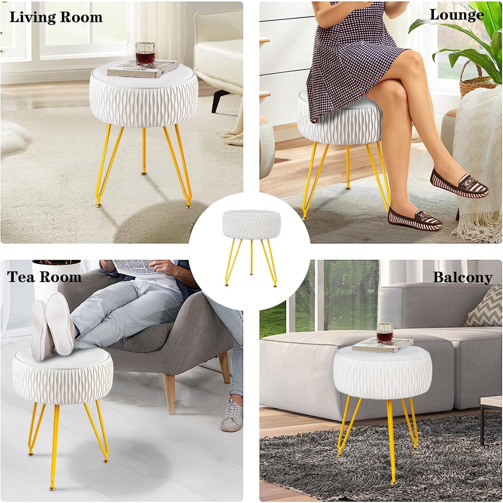 PROHIKER Velvet Round Footrest Stool Ottoman, Makeup Vanity Stool Side Table Couch Stool w/Golden Metal Legs, 13