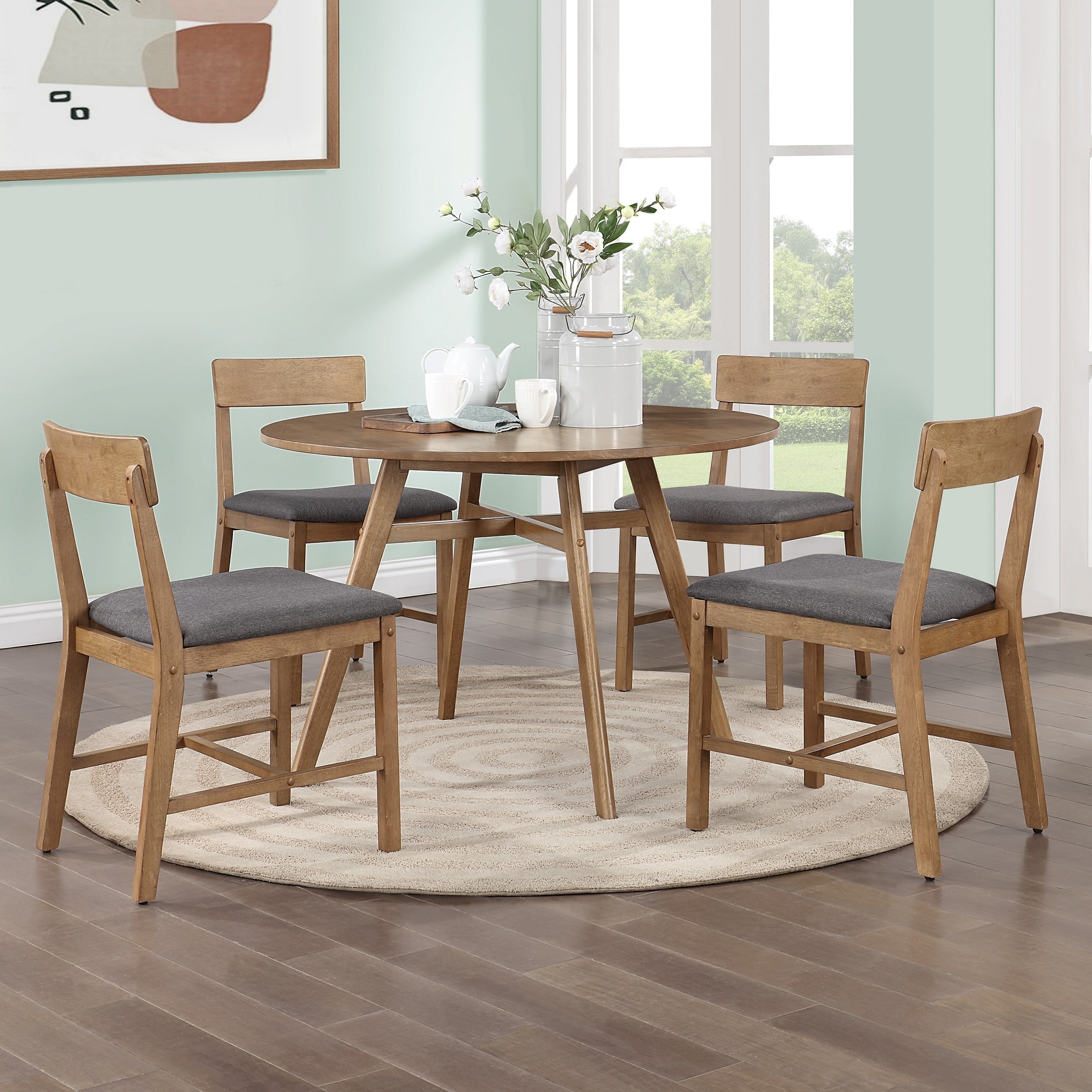Mainstays Wood Dining Chair 4 Pack, Walnut Color, Grey Fabric Upholstered Seat Pad for Indoor