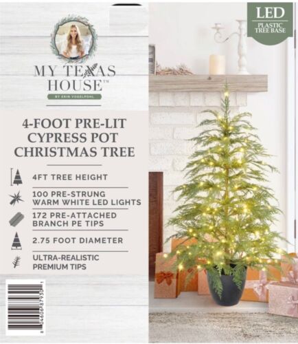 My Texas House Potted 4FT Pre-Lit Cypress Artificial Christmas Tree, 100 LED NEW