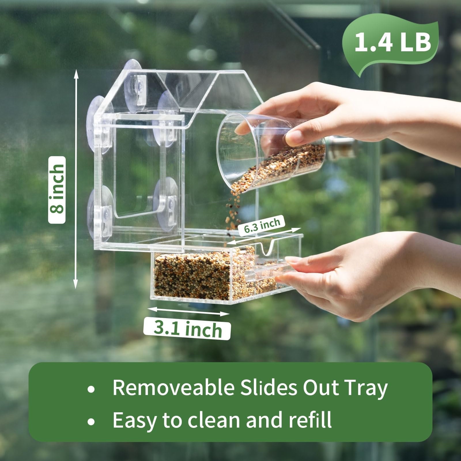 NIUBEE Window Hummingbird Feeder with 5 Strong Suction Cups, Clear Acrylic Bird Feeder for Outside- Slide Removable Tray, Bird Feeders Window Mount for Cat, Kid, Elderly Viewing Cardinal, Wild Birds