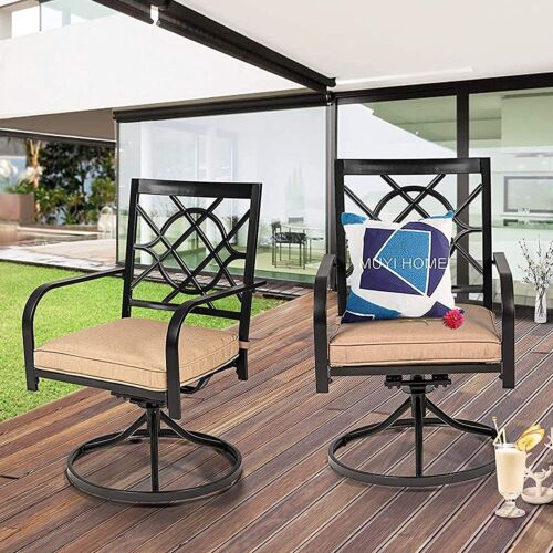 2 Patio Swivel Dining Chairs Rocker Thick Seat Cushion Metal Frame Round Armrest