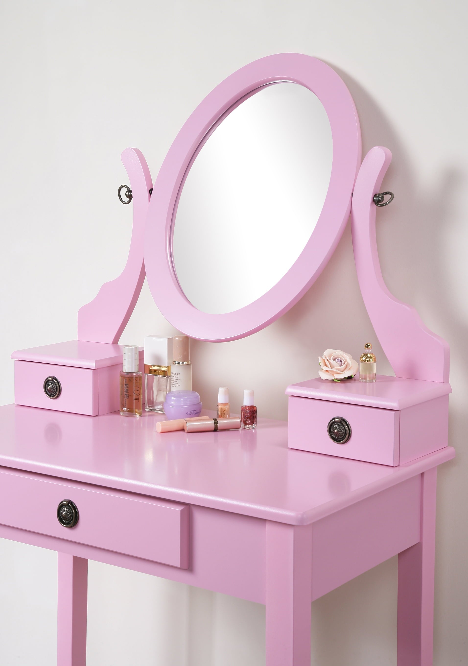 Roundhill Furniture Moniya Wood Vanity Table and Stool Set, Pink