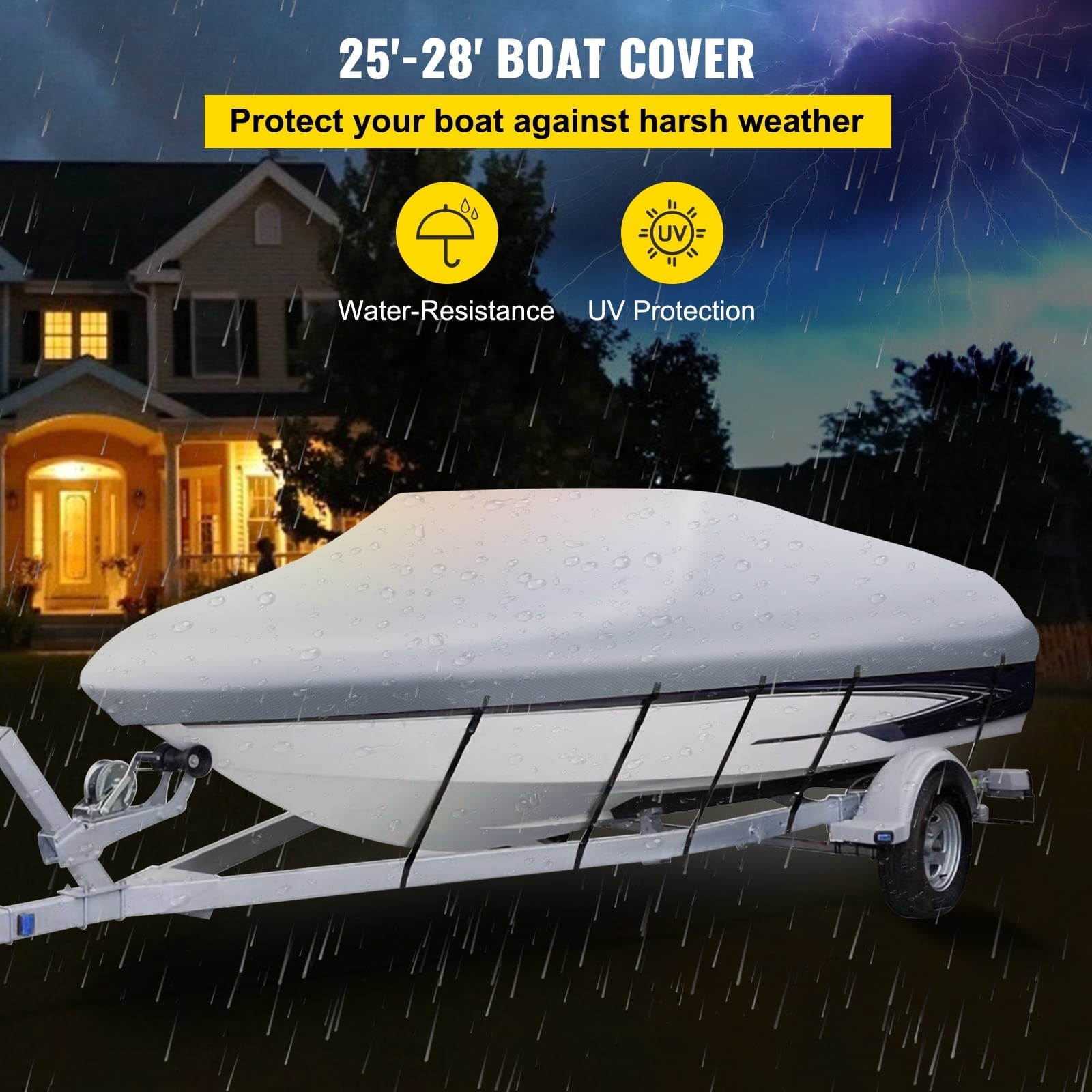 BENTISM Waterproof Boat Cover, 25'-28' Trailerable Boat Cover, Beam Width up to 118
