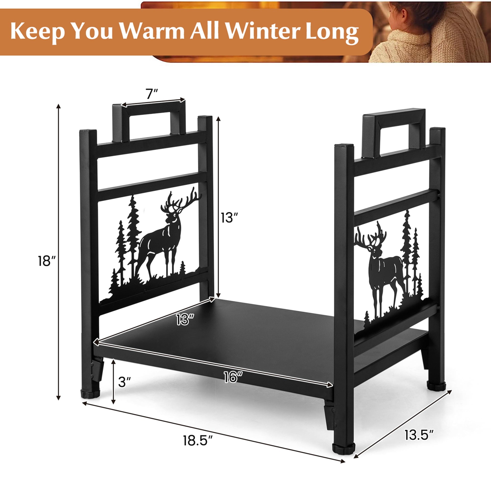 Costway 18.5 Inch Metal Firewood Rack Fireplace Log Holder with Dual Handles Solid Base