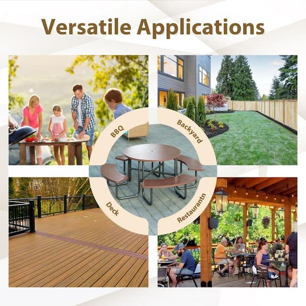 83.46 in. Coffee Round Industrial Strength Steel Picnic Table Seats 8-People with Umbrella Hole