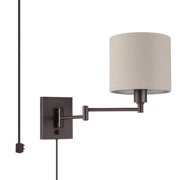 Anderson Dark Bronze Plug-In Swing Arm Wall Lamp with Beige Fabric Shade, LED Bulb Included