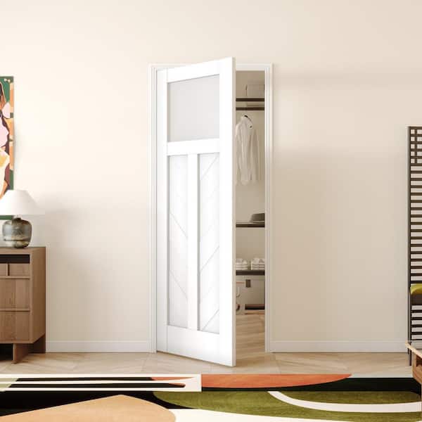 30 in. x 80 in. Glass and V-Wood Panel, White, Frosted Glass, MDF, Interior Door Slab without Hardware