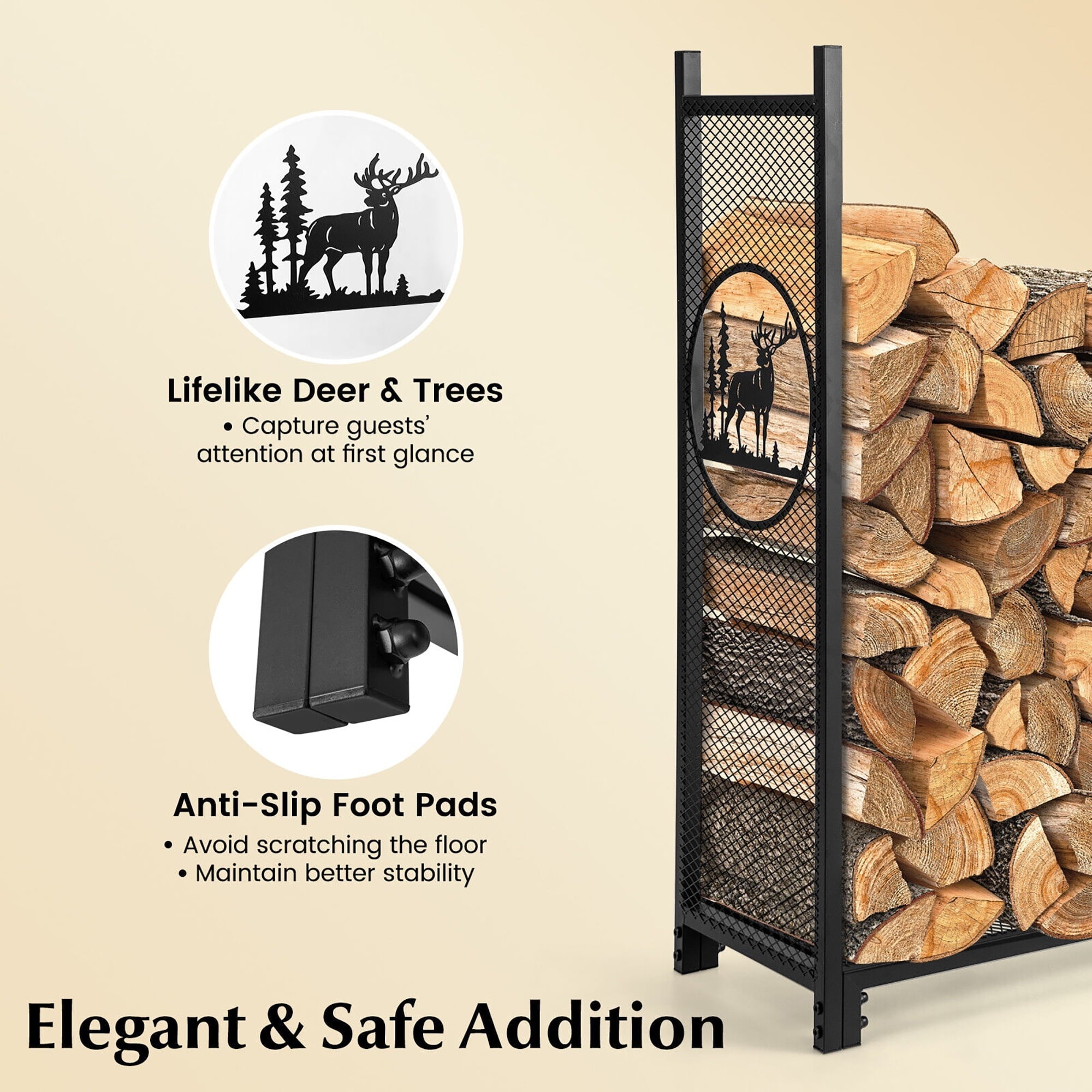 Gymax 4 FT Firewood Rack Stand Heavy-Duty Log Rack Holder with Mesh Sides Black