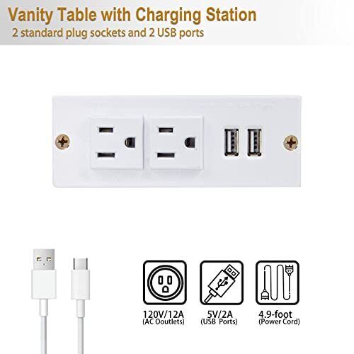 White Modern Makeup Dressing Table With Charging Station Vanity Desk With Slidin