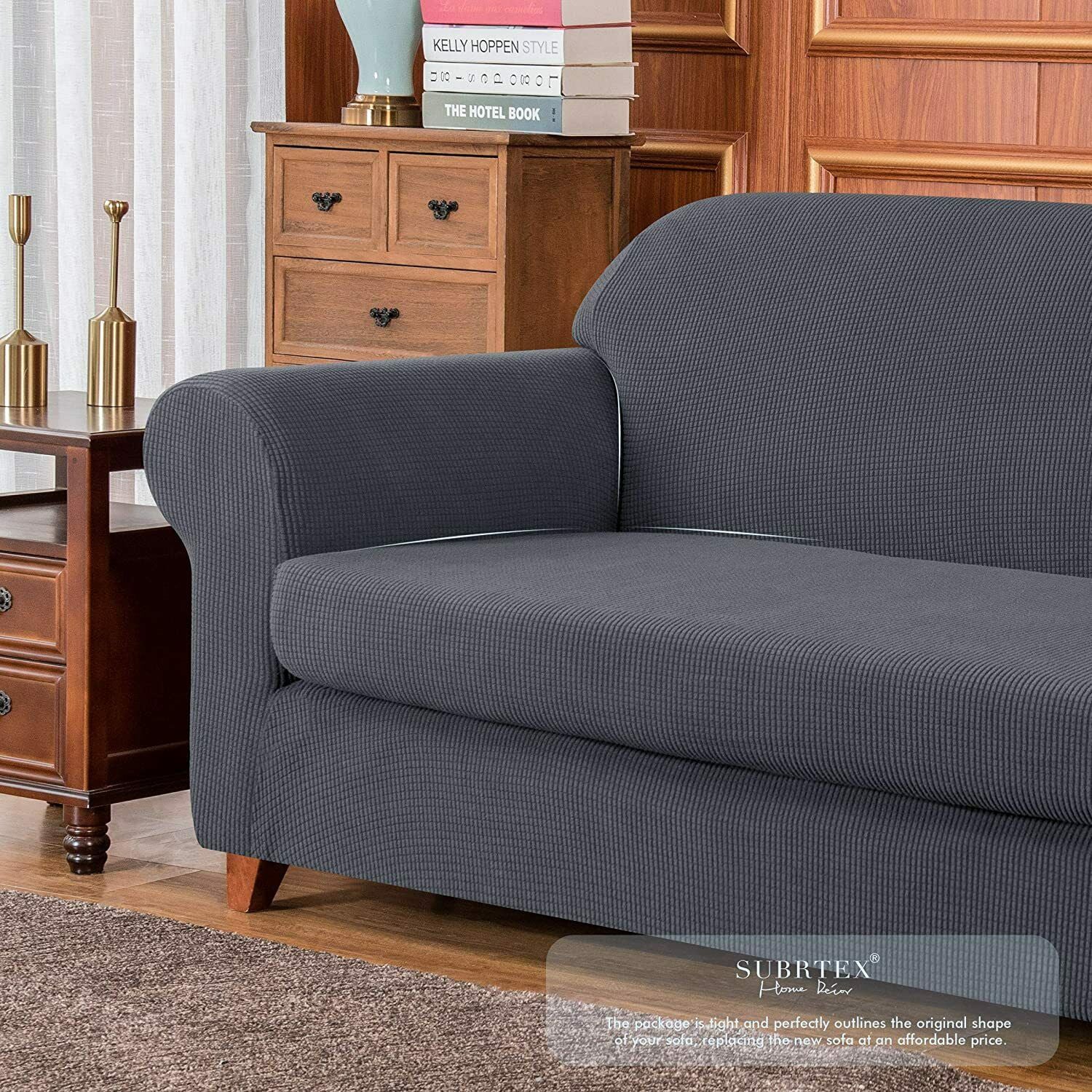 Subrtex Stretch 2-Piece Textured Grid Sofa Slipcover Jacquard Non Slip Couch Cover (Gray, Sofa)