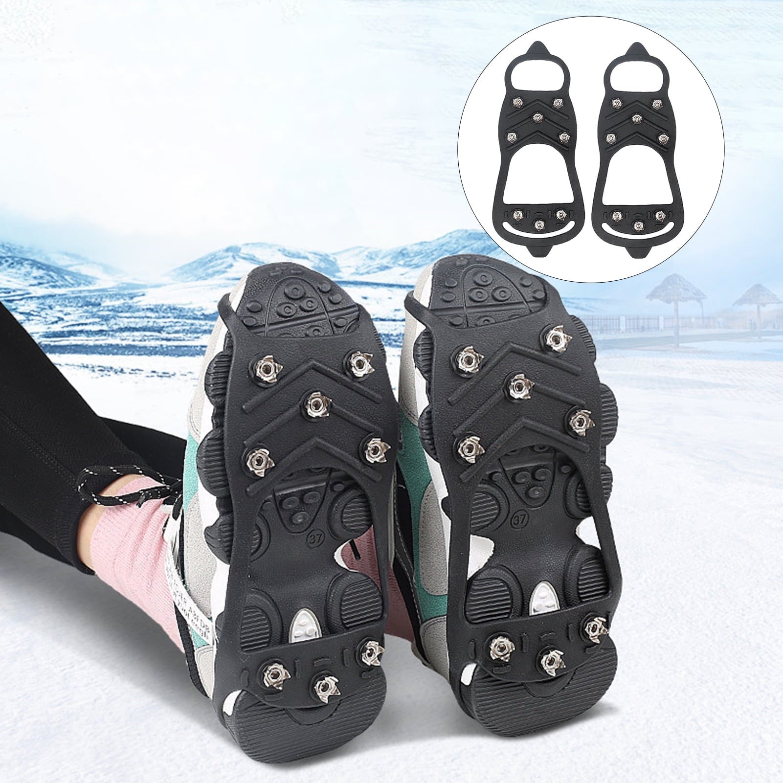 LeKY 2Pcs 8-tooth Anti-Skid Ice Climbing Shoe Spikes Grips Snowshoes Covers Crampons Black M