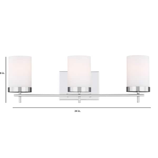 Zire 24 in. W 3-Light Chrome Bathroom Vanity Light with Etched White Glass Shades