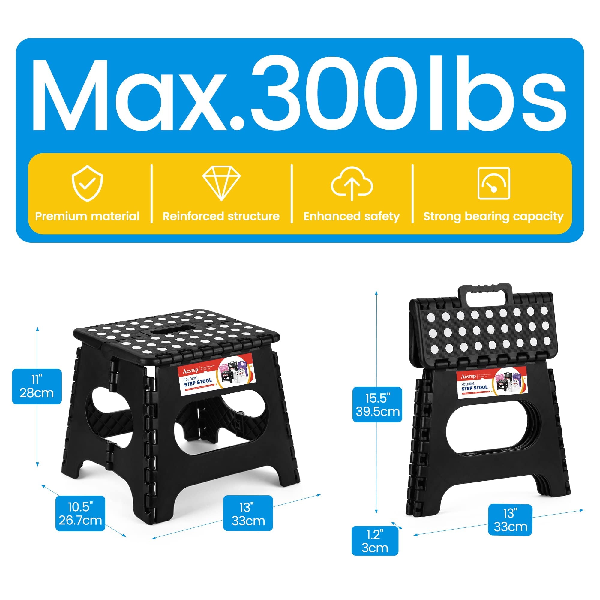 ACSTEP Step Stool 11 Inch,Tall Kids Folding Step Stool, Plastic Step Stools with Non-Slip Surface,Black