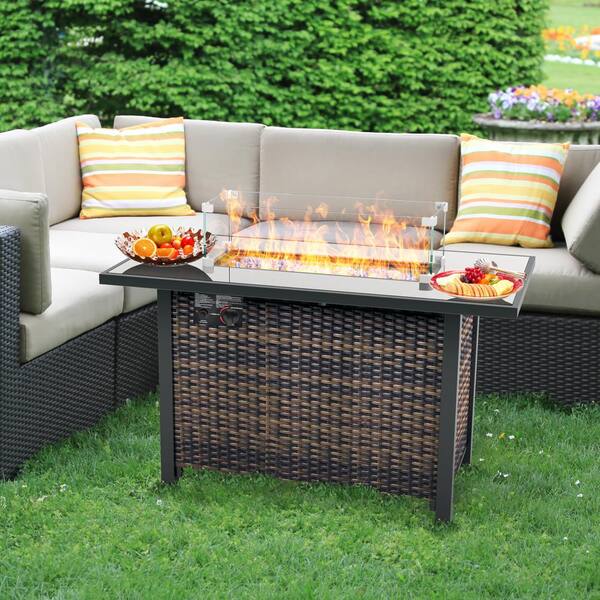 50000 BTU 42.9 in. W Metal Brown Outdoor Propane Fire Pit Table with Glass Wind Guard, Lid ,Rain Cover