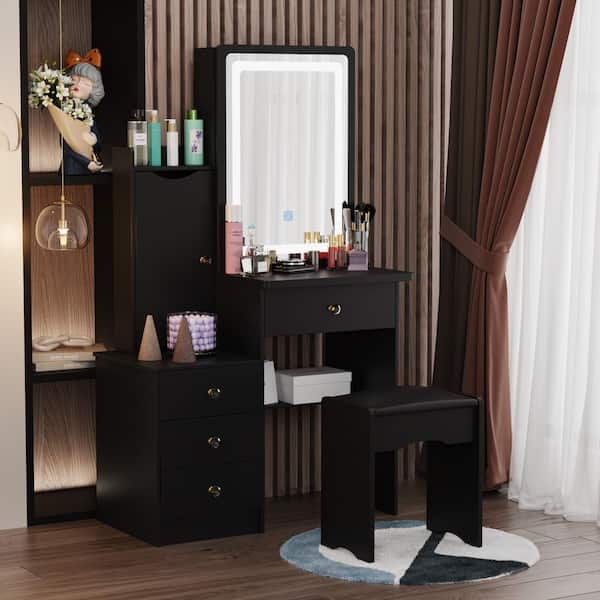 4-Drawers Black Wood LED Push-Pull Mirror Makeup Vanity Sets Dressing Table Sets with Stool, Door Cabinet, Shelves