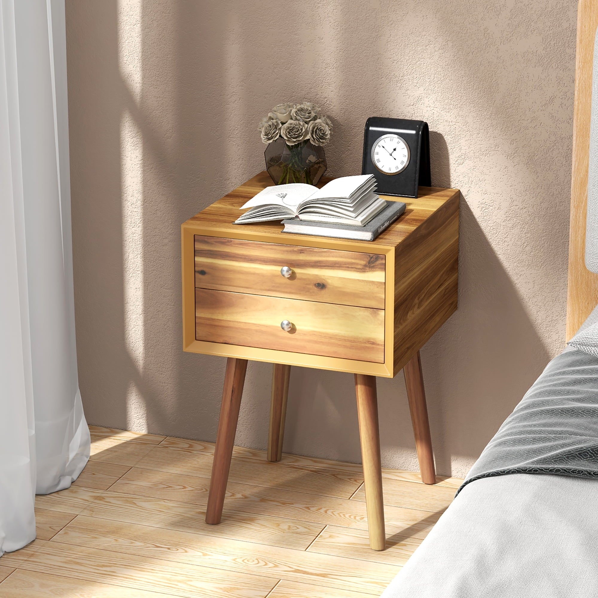 Gymax 2-Drawer Nightstand Mid-century Modern Bed Side Table w/ Storage Multipurpose End Table Brown