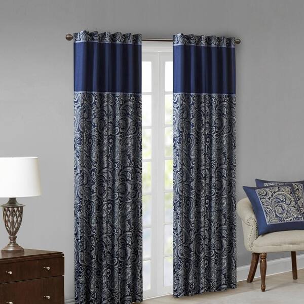 Whitman Navy Paisley Polyester 50 in. W x 95 in. L Light Filtering 2-Piece Rod Pocket and Back Tabs Curtain