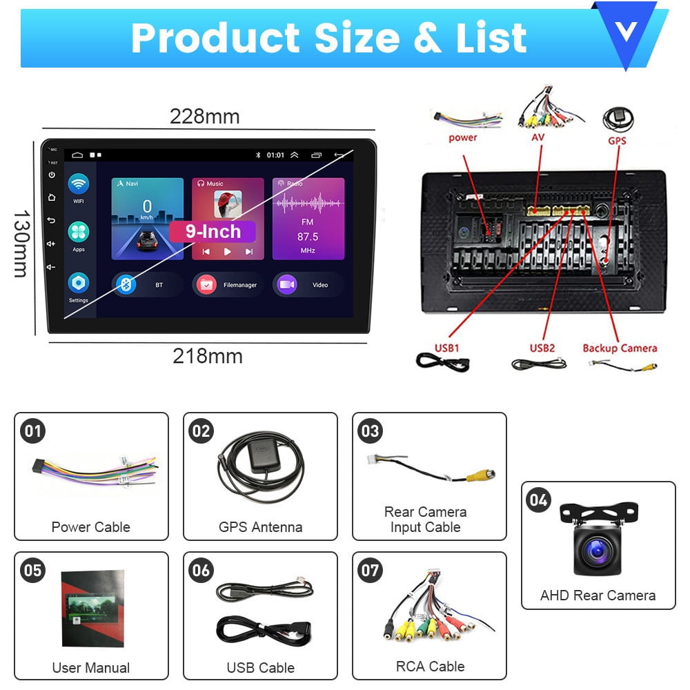 Podofo 1+16G Double DIN 9'' Touchscreen Car Stereo Radio Wireless Carplay Android Auto Mirror Link Android 11 HD 1080P WIFI GPS FM Bluetooth, AHD Backup Camera