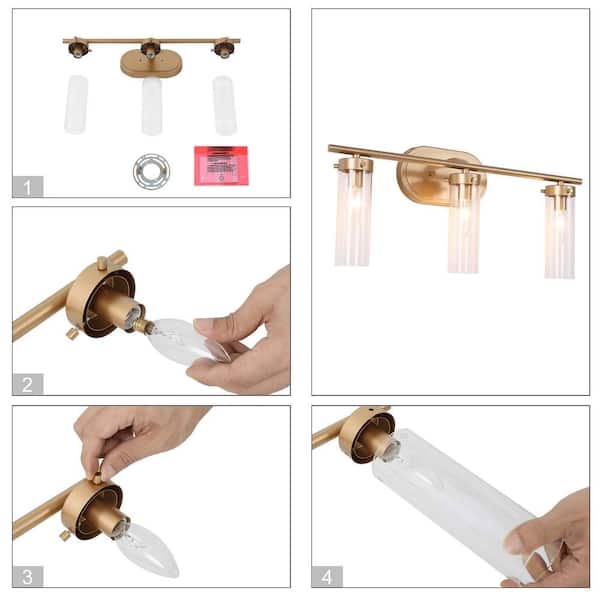 Antique Gold Modern 3-Light Bathroom Vanity Light 21.5 in. Powder Room Wall Light with Cylinder Clear Glass Shades