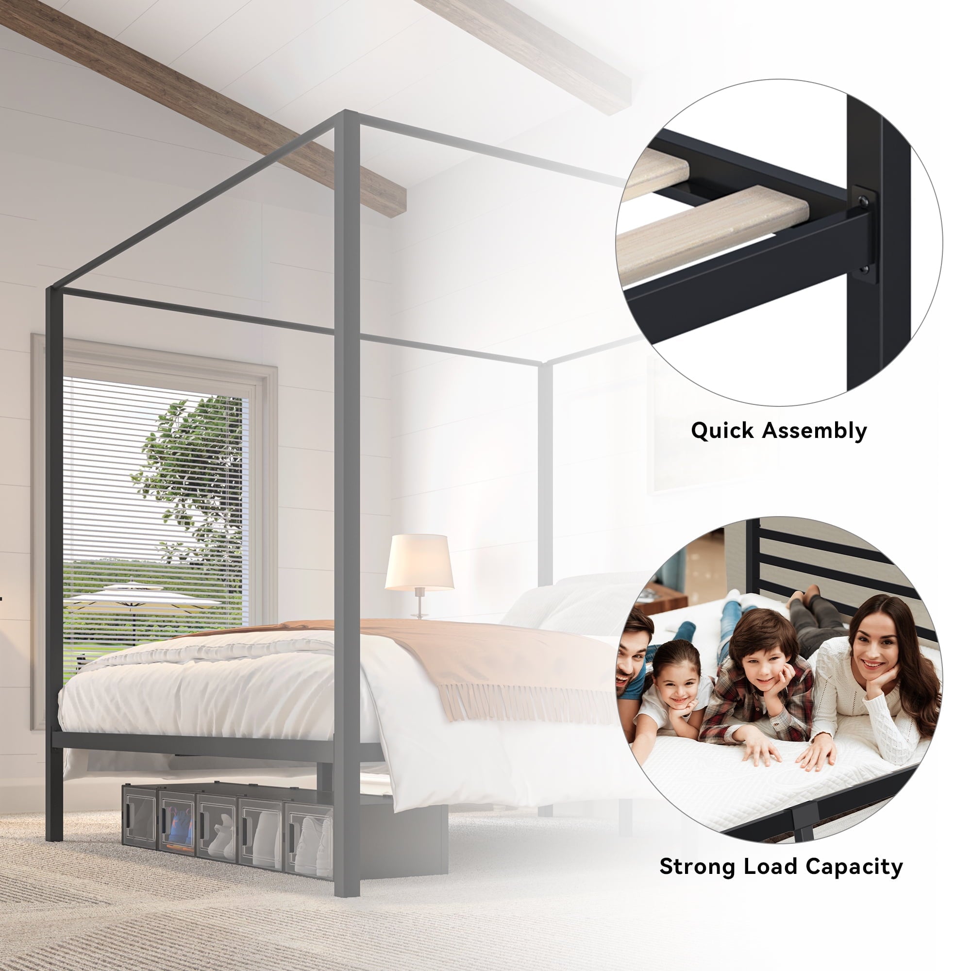 Dextrus King Size Black Canopy Bed Frame with Headboard, Mattress Foundation with Wooden Slats and Steel Structure, No Box Spring Needed