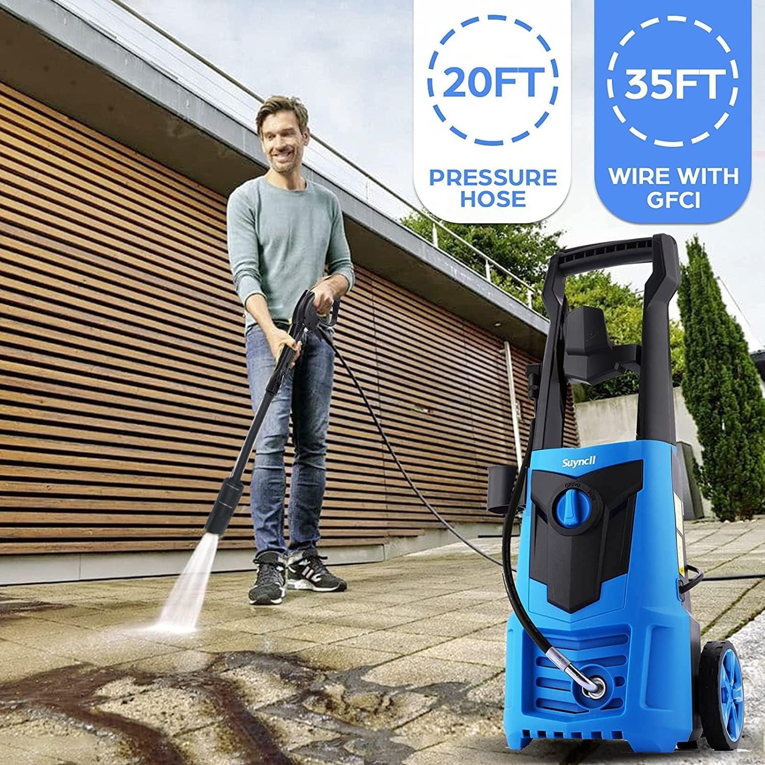 Electric Power Washer 1600W 2.0GPM, 20ft High Pressure Washer Hose + 35ft Power Cable, IPX5 Waterproof with 500ml Detergent Bottle, All-in-One Adjustable Nozzle, for Cars/Fences/Patios (Blue)