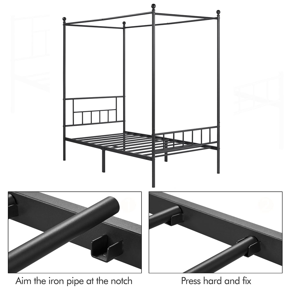 Easyfashion Juno Metal Canopy Frame Four Poster Bed with Headboard and Footboard, Black, Twin