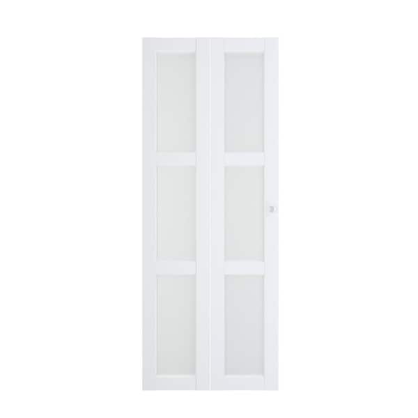 30 in x 80 in Three Frosted Glass Panel Bi-Fold Interior Door for Closet, with MDF & Water-Proof PVC Covering