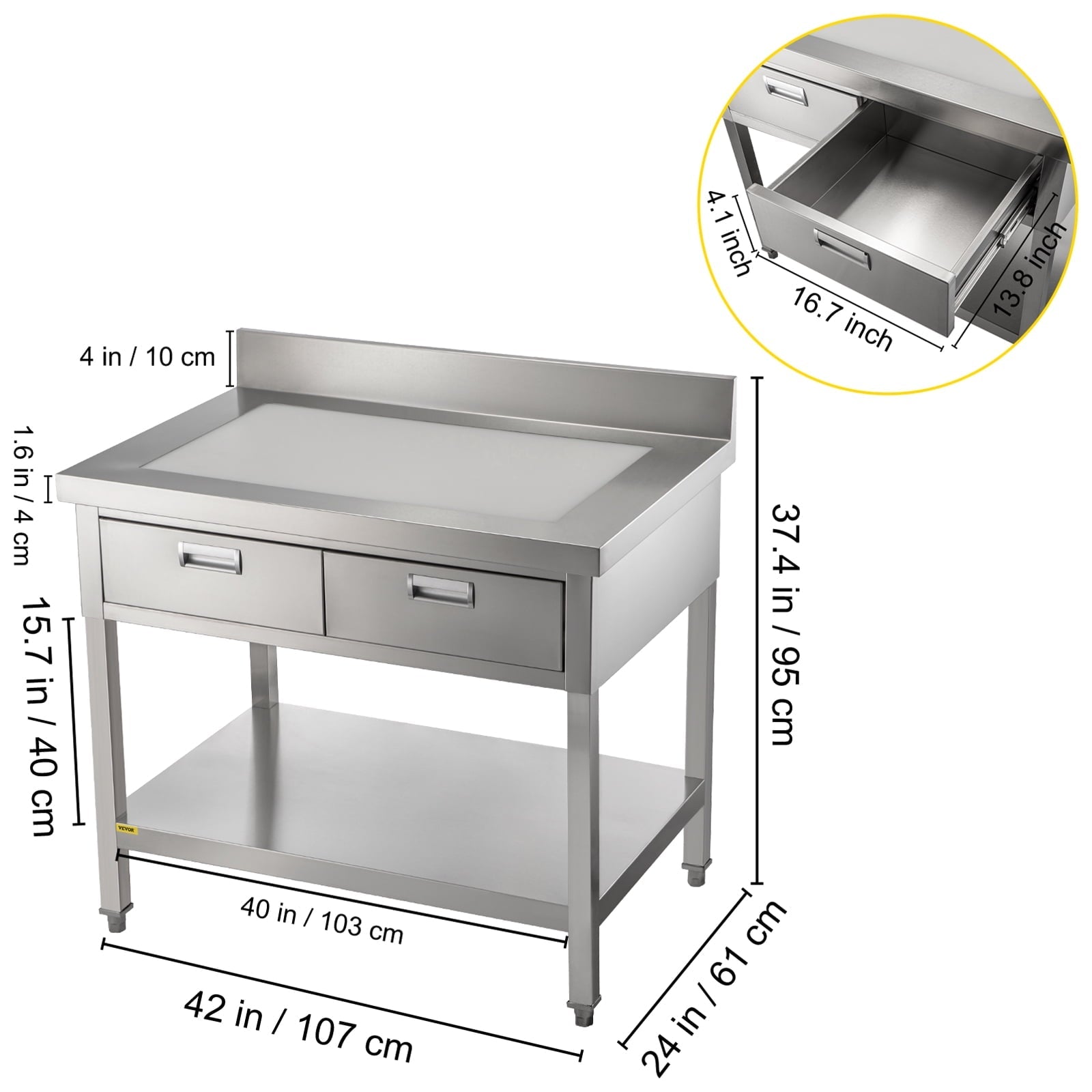 Commercial Work Table Workstation 24 x 42 Inches Commercial Food Prep Work Table with 2 Drawers, Undershelf and Backsplash, 992 lbs Load Stainless-Steel Kitchen Island for Restaurant, Home and Hotel