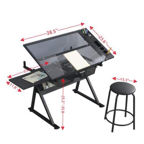 38.5 in. Rectangular Black Tempered Glass Adjustable Drafting Table Drawing Desk with 2 Drawer and Chair