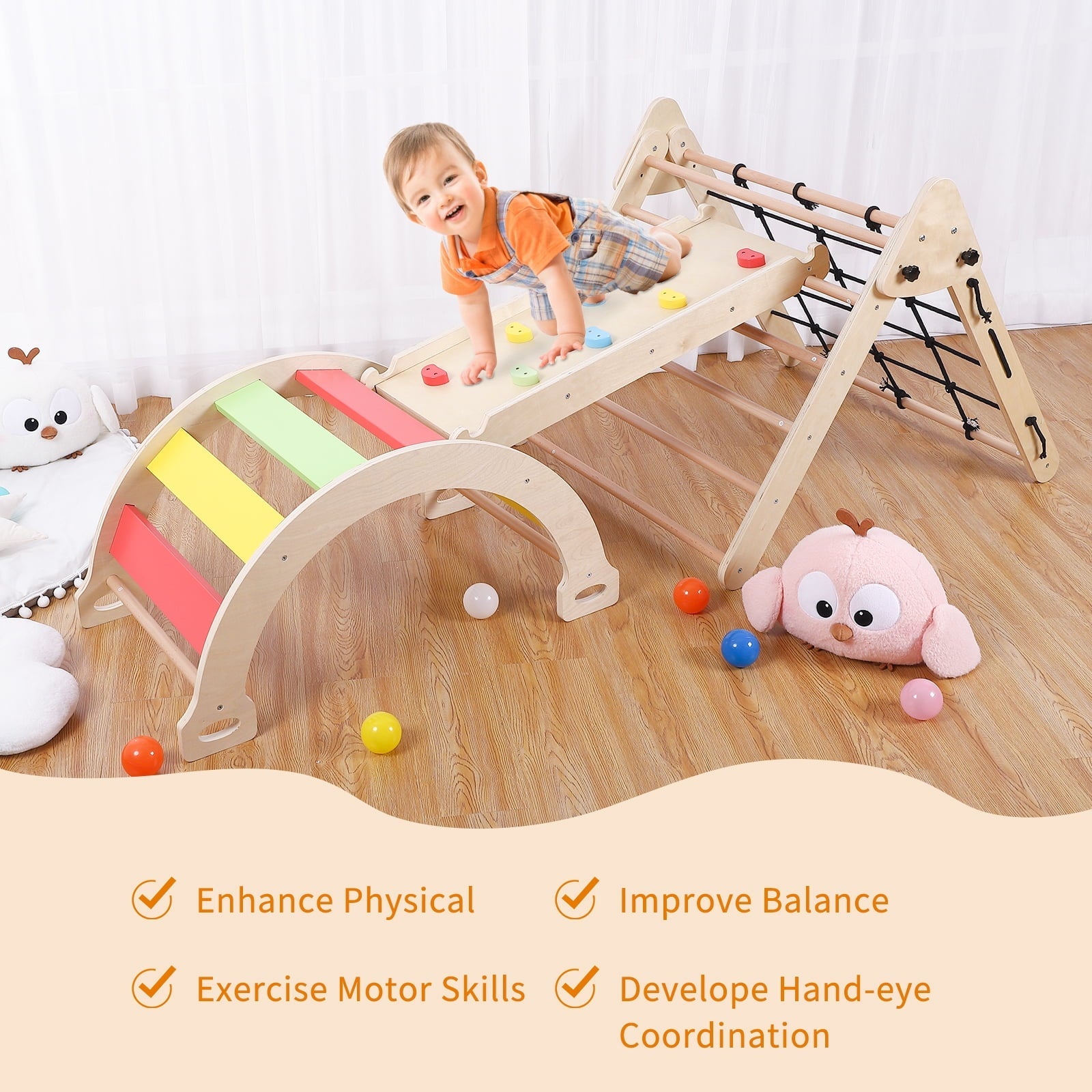 Toddler Indoor Gym Playset, 5-in-1 Wooden Climbing Toys, Triangle Folding Climbing for Climbing & Sliding for Boys and Girls, 18Month+
