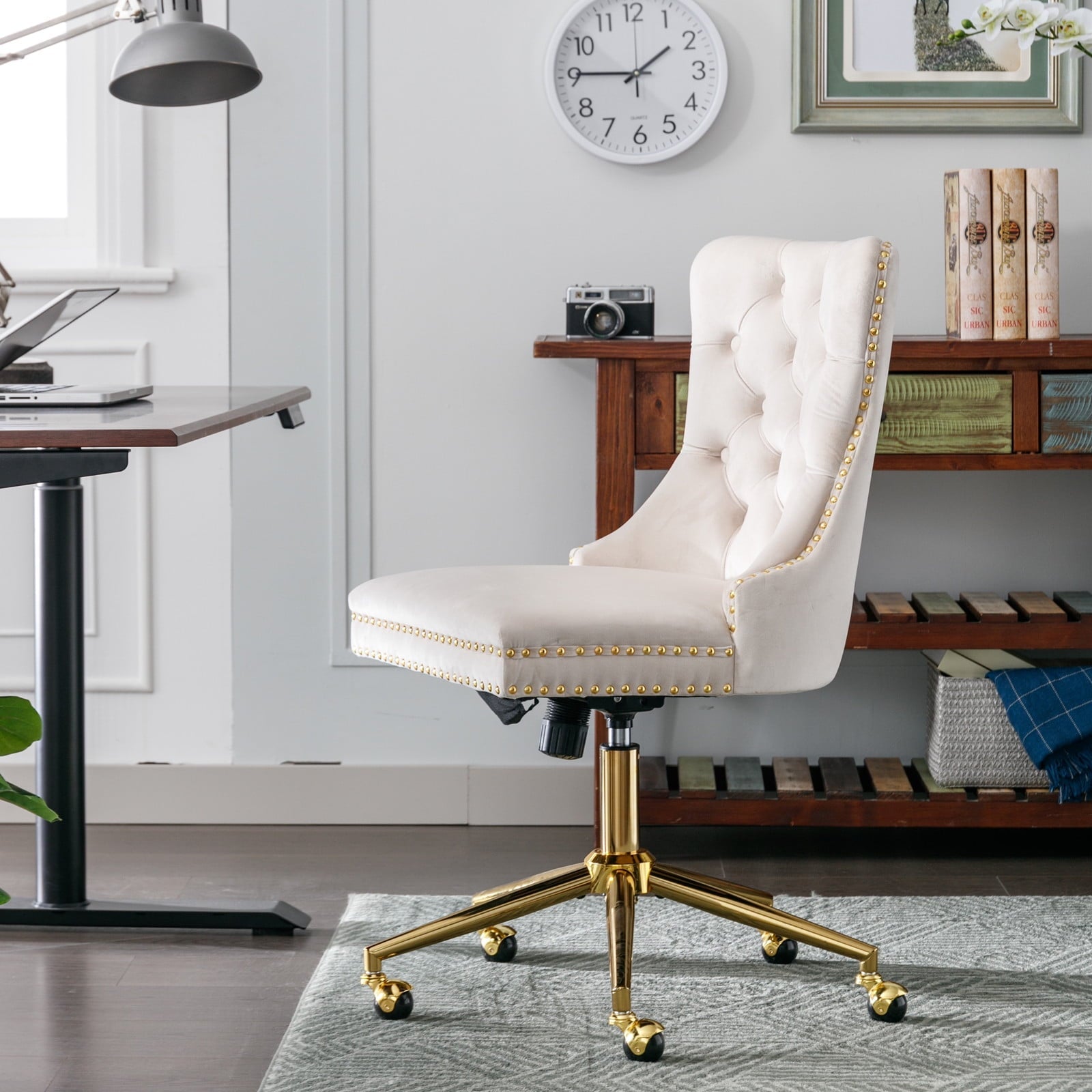 BTMWAY Office Chair, Velvet Upholstered Tufted Button Home Office Chair with Golden Metal Base, Adjustable Height, Swivel Ergonomic Task Chair, Luxury Desk Chair Computer Chair, Beige
