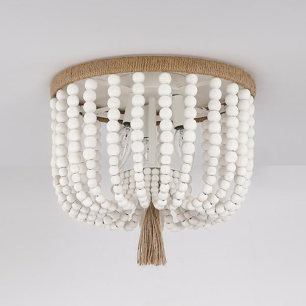 12.6 in. 3-Light Bohemia Antique White Wood Beaded Flush Mount Ceiling Light with Brown Rope Tassel