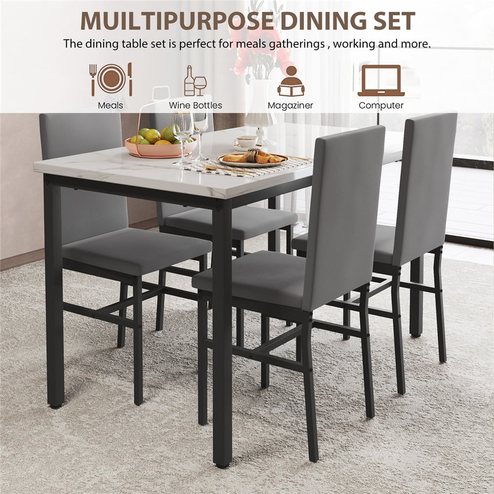 5 Piece Dining Room Table Set, Modern Dining Table Sets with Gray Velvet Upholstered Chairs for 4, Faux Marble Pattern Rectangle Kitchen Table Set for Bar Living RoomBreakfast NookSmall Space, L802