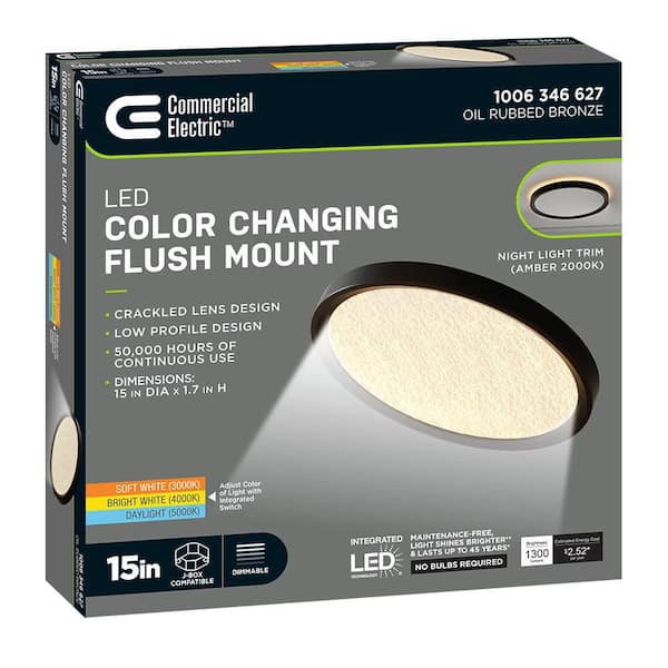 Low Profile 15 in. Round Crackle Lens Oil Rubbed Bronze LED Flush Mount with Night Light Feature