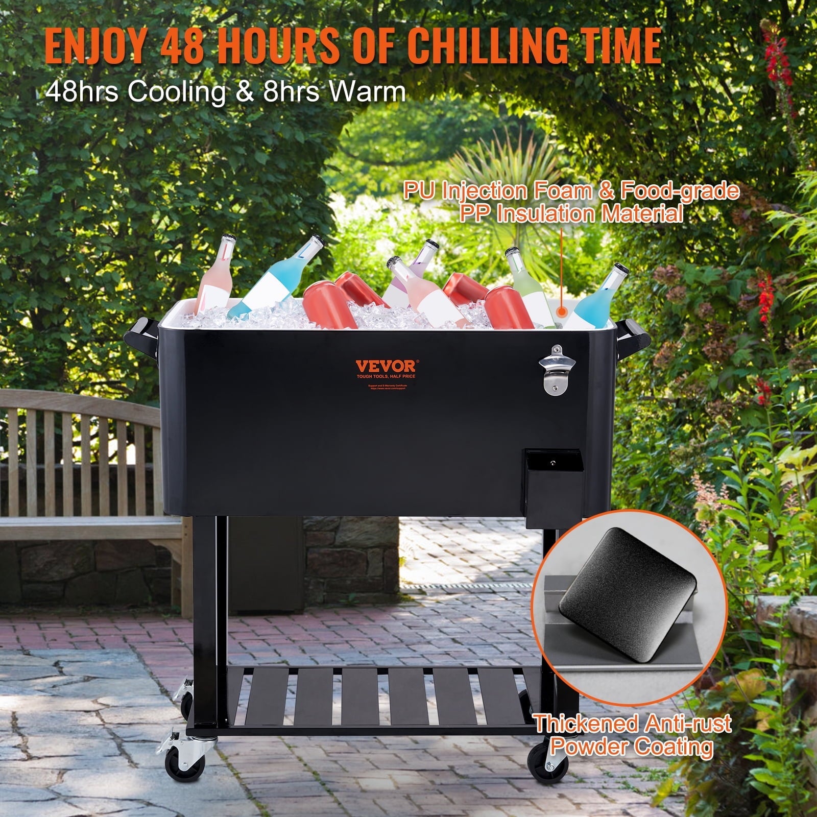 BENTISM 80Qt Rolling Cooler Cart with Bottle Opener Drainage Patio Party Bar Drink